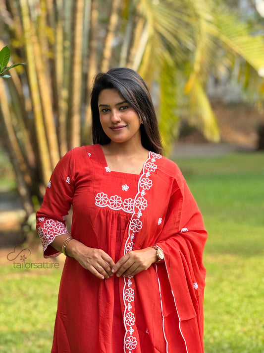 Rust Orange Mulchanderi Kurti Set