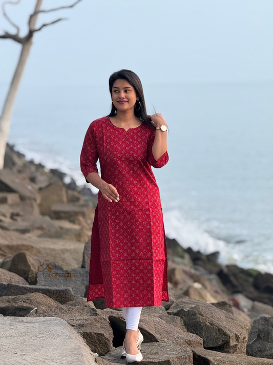 Red Polycotton Kurti With Elegant Black and Cream Patterns