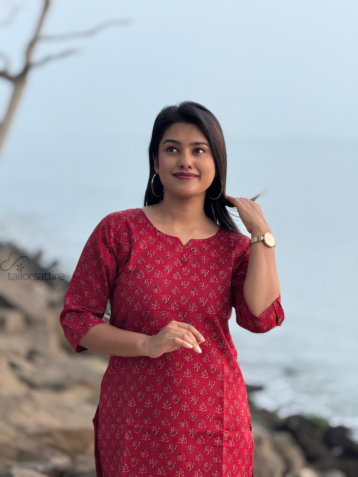 Red Polycotton Kurti With Elegant Black and Cream Patterns