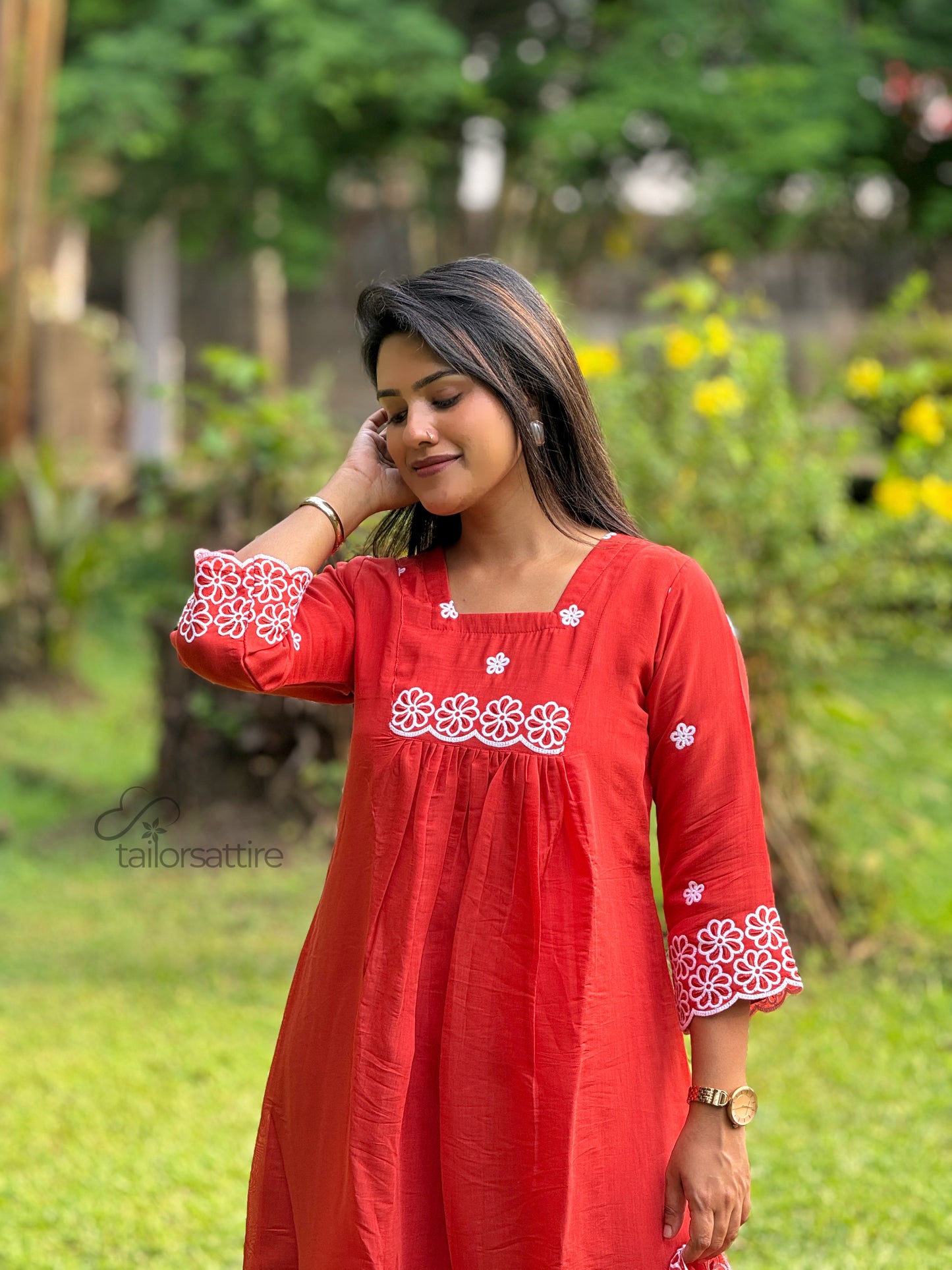 Rust Orange Mulchanderi Kurti Set