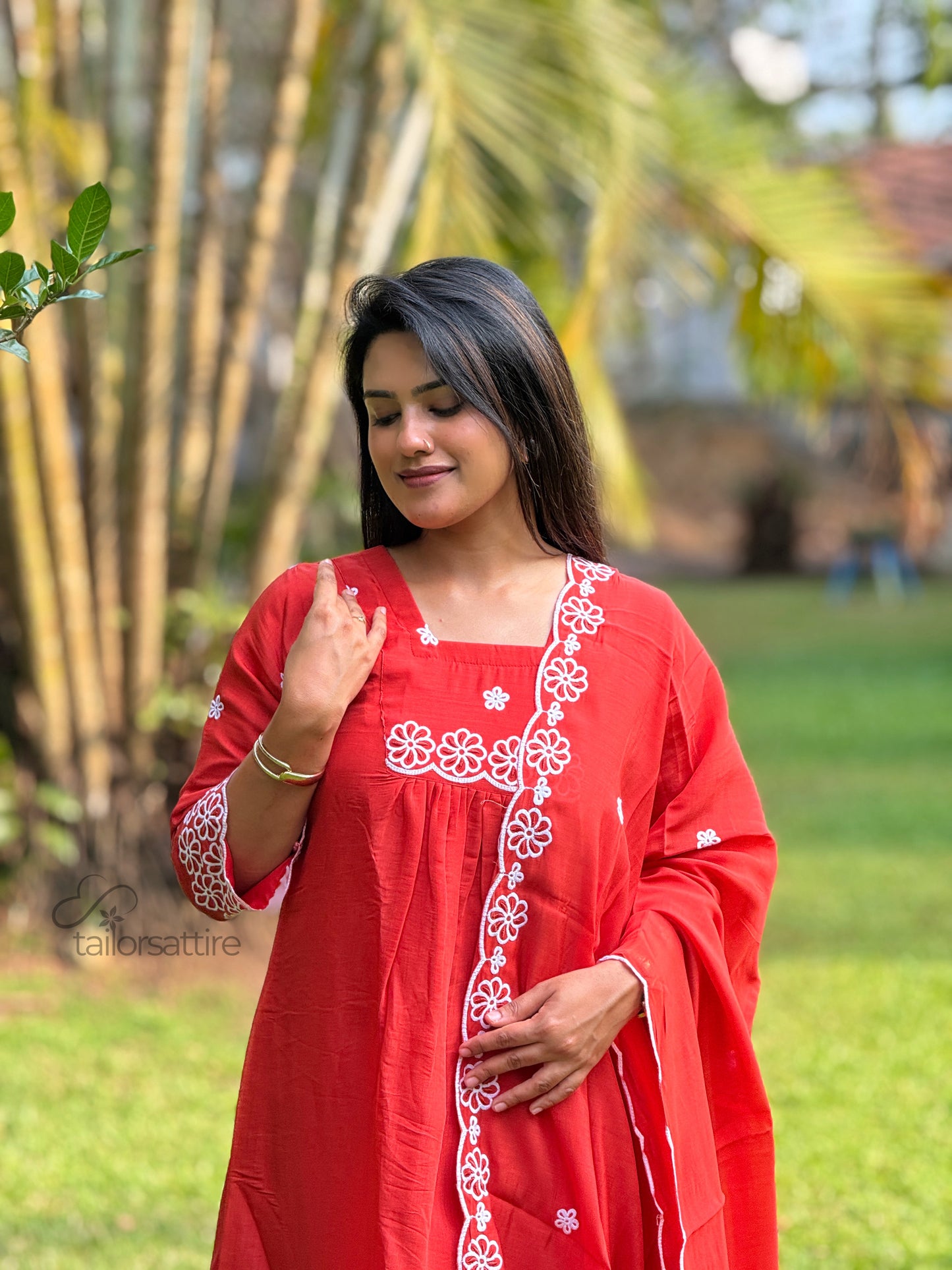 Rust Orange Mulchanderi Kurti Set