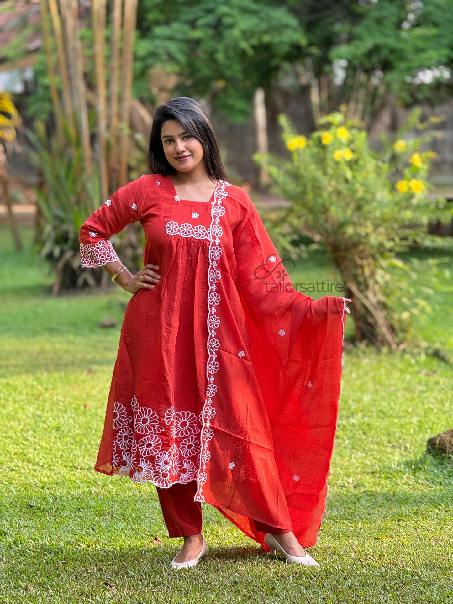 Rust Orange Mulchanderi Kurti Set