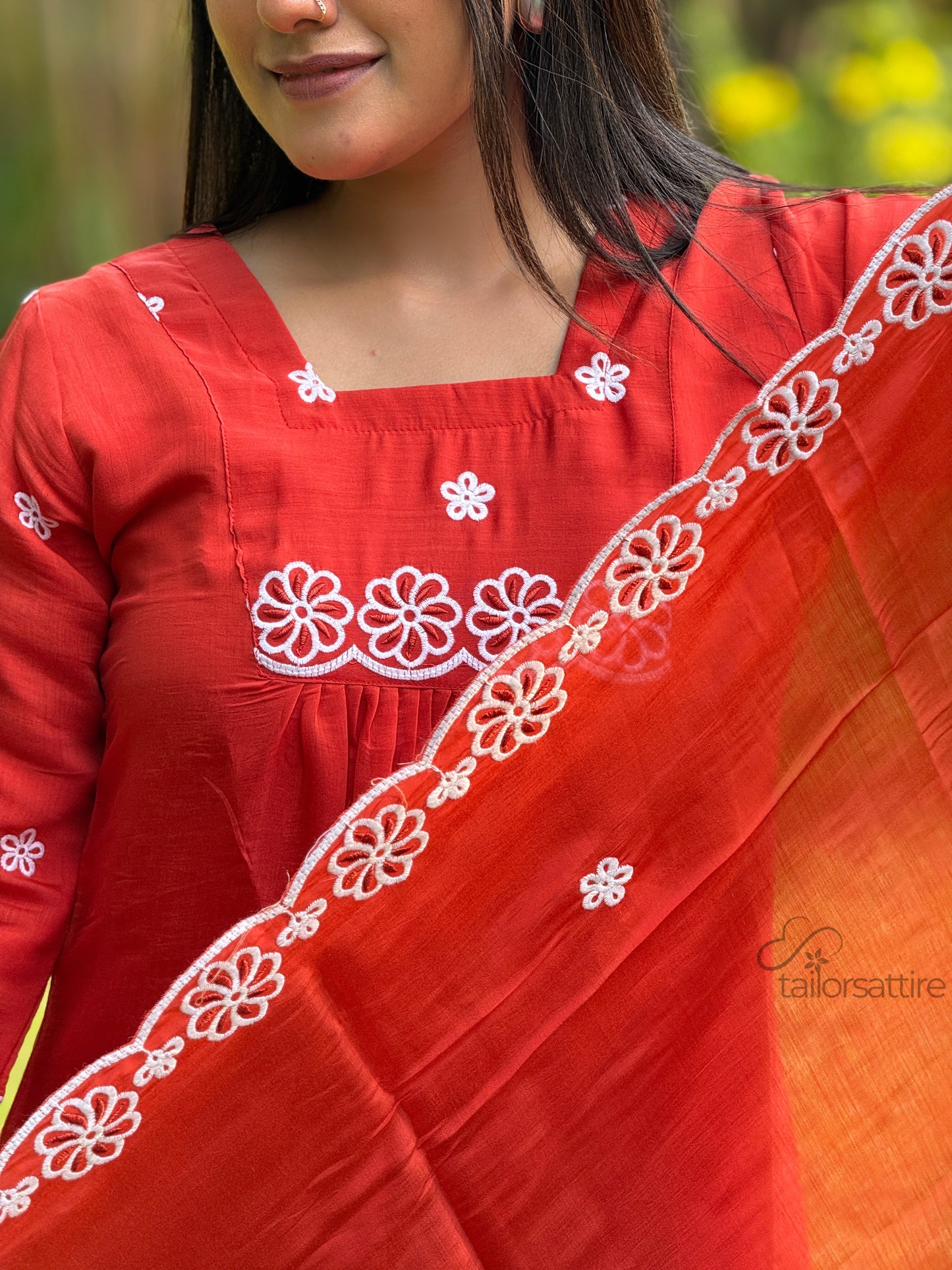 Rust Orange Mulchanderi Kurti Set