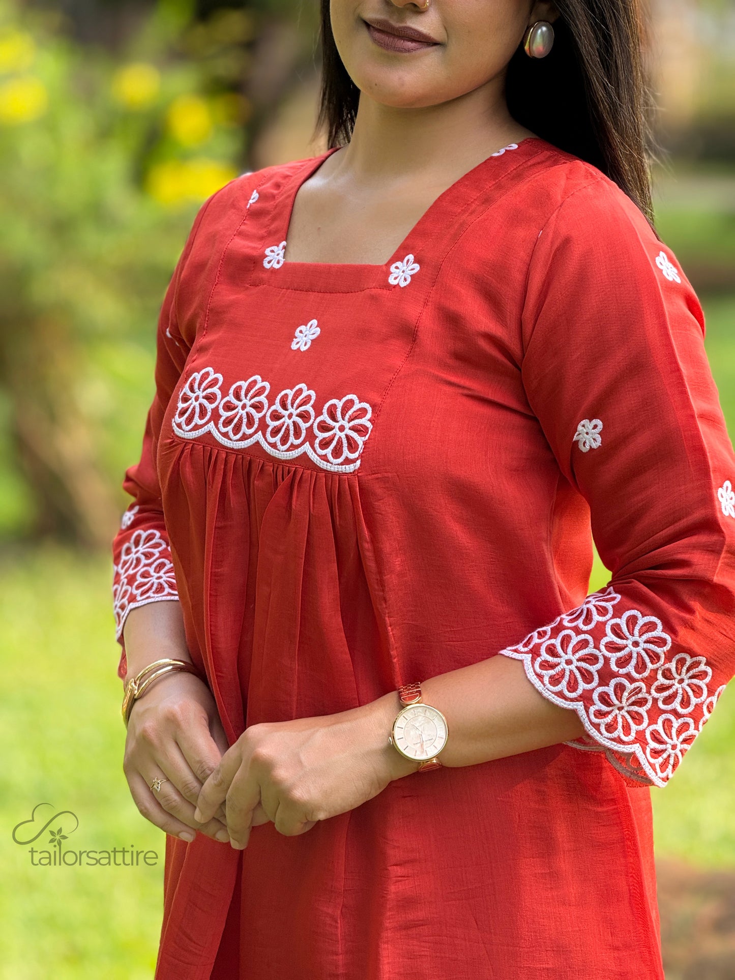 Rust Orange Mulchanderi Kurti Set