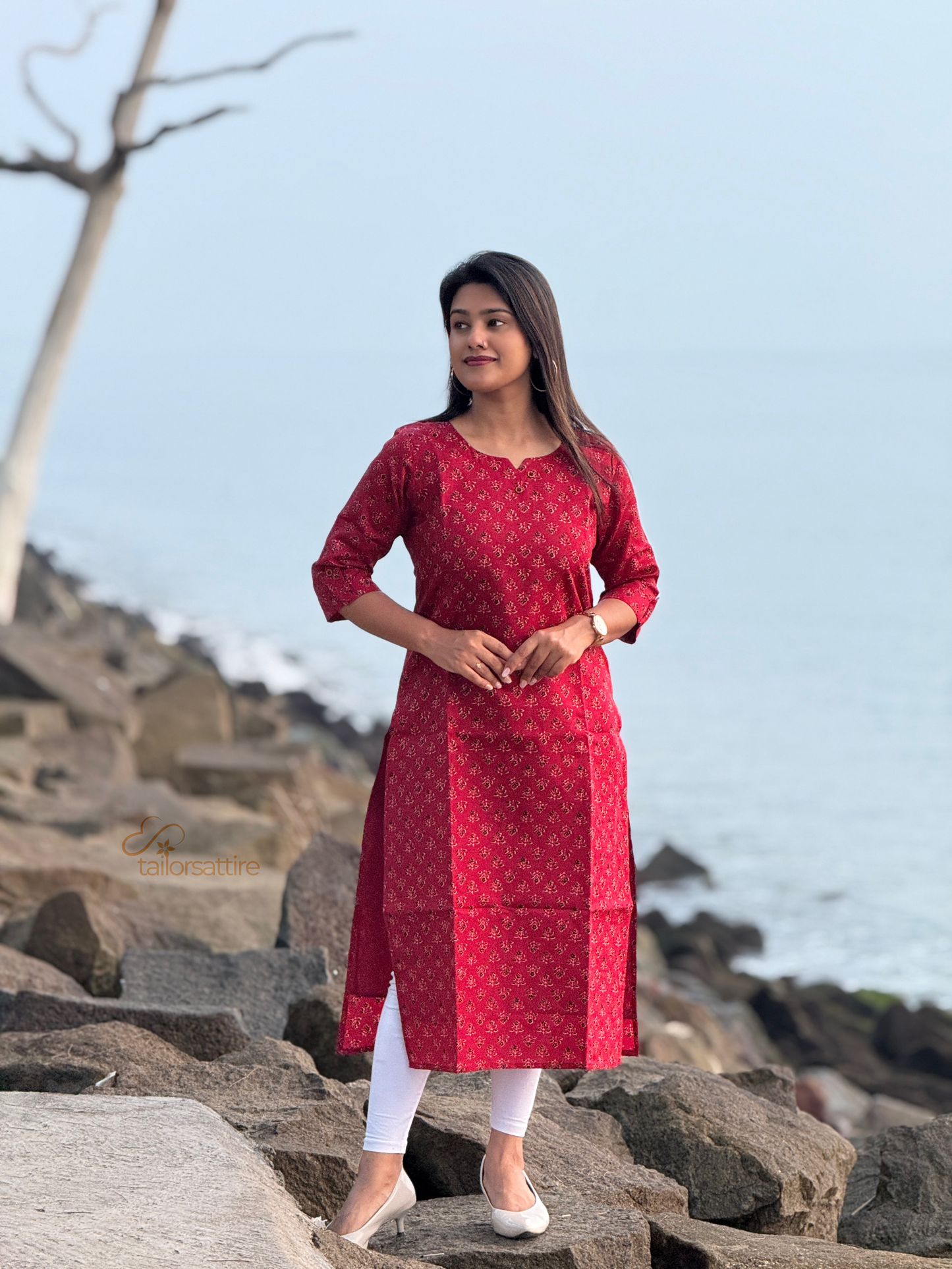 Red Polycotton Kurti With Elegant Black and Cream Patterns