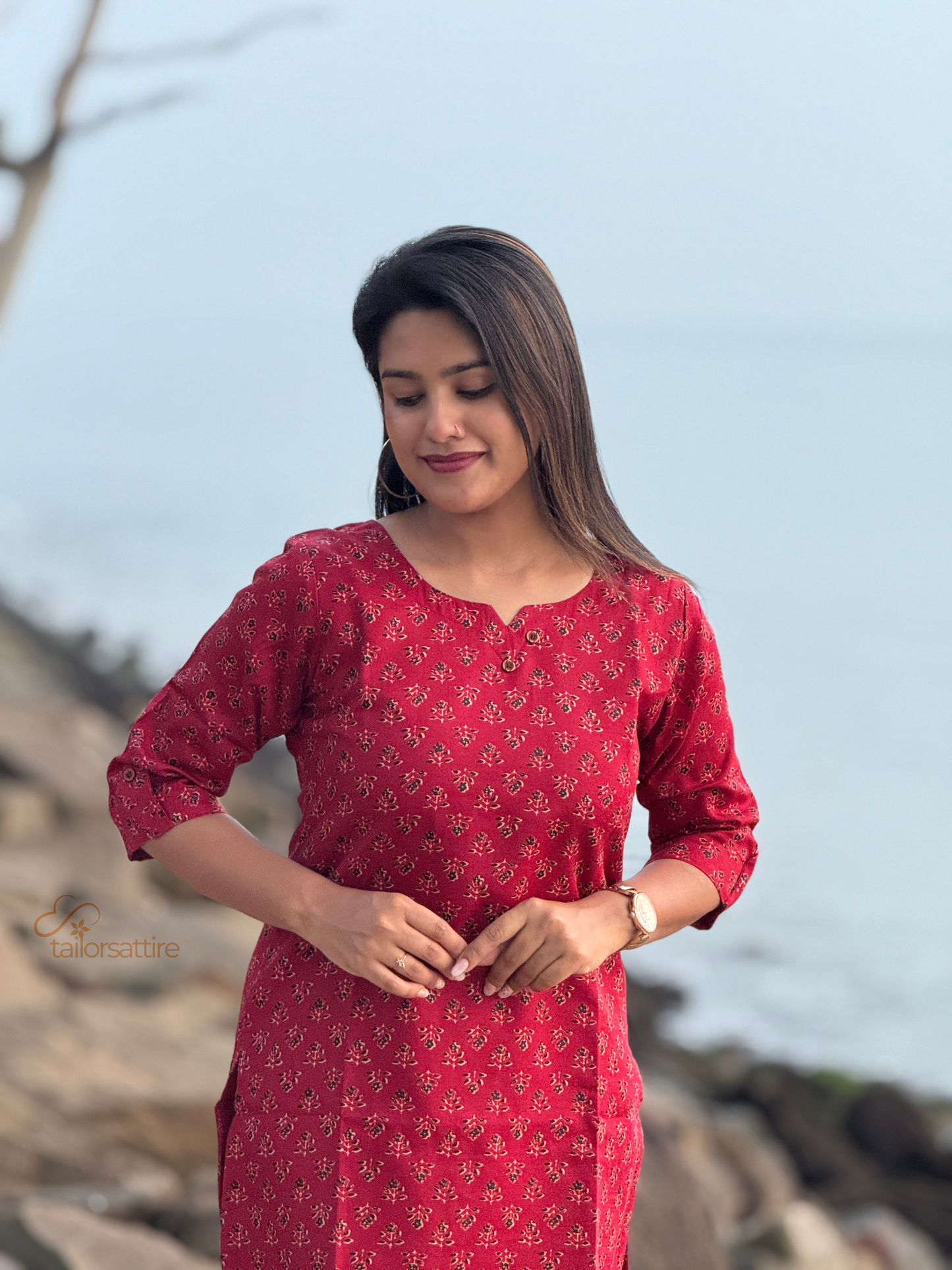 Red Polycotton Kurti With Elegant Black and Cream Patterns